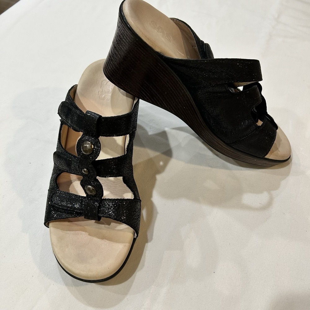 SAS Ginger Women Web Black Leather Wedge Sandal Strappy 7 M USA Comfort Summer A